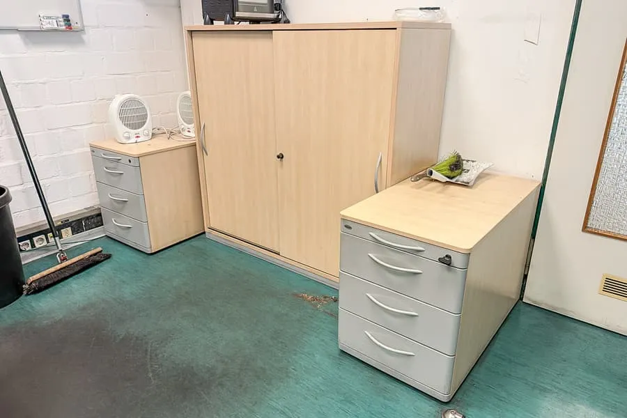 Sliding door cabinet and 2 mobile pedestals