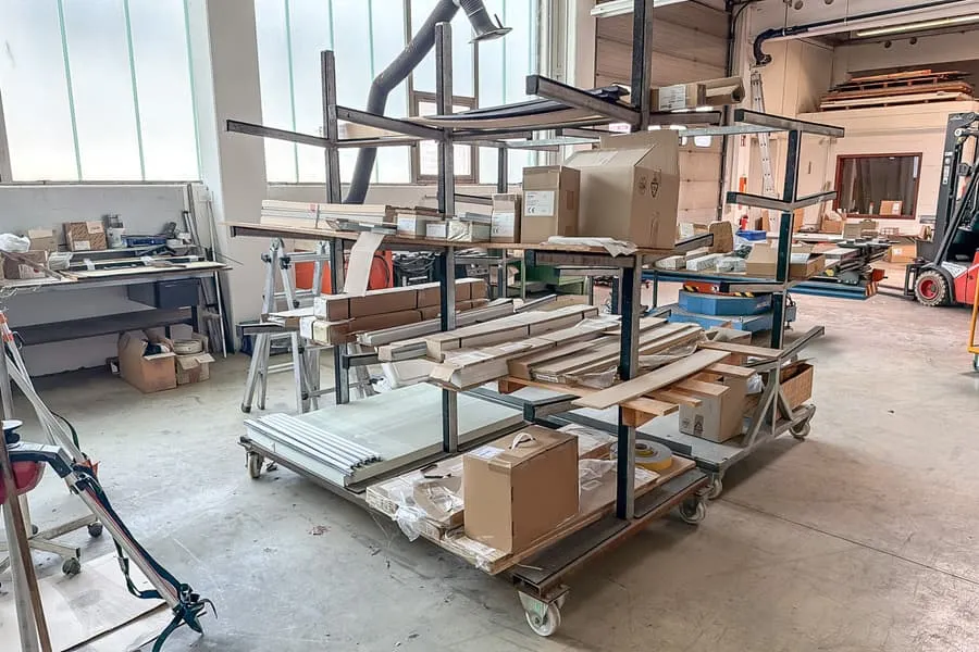 Multi-tier transport trolley with contents: various Schüco accessories