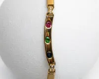 Náhrdelník, žluté zlato 14k, 7 safírů celkem cca 1,70 ct, 7 smaragdů celkem cca 1,0 ct, 7 rubínů celkem cca 1,70 ct, 52 malých diamantů, cca 47,5 g, cca 41,5 cm
