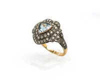 Ring, 18kt Gelbgold, Platin, Diamantrosen, Aquamarin, ca. 4.6 g, RM 53