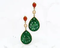 Pair of ear studs, as pendants, silver 925/gold-plated, red and pink coral and jade, approx. 6.3 cm long