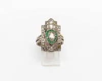 Art Deco ring, 14kt white gold, diamond drop approx. 0.50 ct, 14 small emeralds, small diamonds and diamond roses, approx. 7.0 g, size 49.5, three small diamonds missing