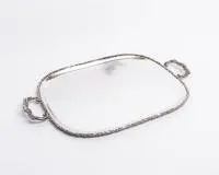 Tray, Mexico, silver 925, rectangular shape with rounded corners, two handles, slightly raised rim with ornamental relief decor, 48.5 x 31.5 cm, approx. 1,087 g