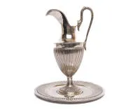 Silver pouring jug with saucer, silver 833, Portugal, classicist forms with fluting, marked "PRATA 833", height 29.5 cm, saucer diameter 24 cm, total weight 1,007 g