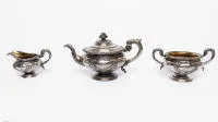 Tea service, Edinburgh, 1832, William Jamieson, Elder & Co., silver 925, teapot, milk jug and handled bowl, engraved cartouches, monogram "PBE" and motto "GLORIA...