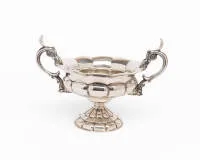 Silver handled bowl, Werner Sittmann, Cologne, mid-19th century, silver, bulbous bowl with multiple bosses and curved rim, on short profiled stem and matching bossed round foot, two raised scroll-shaped handles...