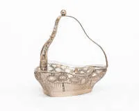Confectionery basket with glass bowl insert, German, circa 1900, silver 800, three-lobed profile with matching handle, openwork rim with laurel decoration and medallions, 20 cm high, without insert approx. 222 g, glass with chip
