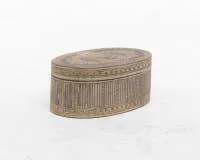 Neoclassical silver snuff box, probably German, late 18th century, silver, interior gilded and exterior partially gilded, oval form with hinged lid, wall finely engraved with ribbed and wave bands