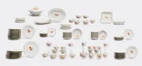 Extensive service, KPM, sceptre mark, red imperial crown, Neuosier, floral decor in iron-red, gold decor, consisting of: lidded compote, 2 oval serving dishes, 10 dinner plates, 8 bread plates, 10 dessert plates, 10 soup cups with lid and...