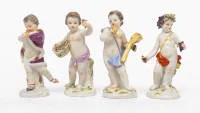 4 figures, Meissen, crossed swords mark, 18th/19th c., allegory of the four seasons, Spring A64, Summer A67, Autumn 2716, Winter A71, after Johann Joachim Kändler, each approx. 11 cm, sickles...