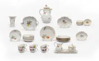 Coffee service Meissen, crossed swords mark, floral painting, gold decoration, Neuer Ausschnitt shape, consisting of: 6 cups and saucers, creamer, sugar bowl, tray, pot, 1 leaf-shaped dish, 6 small bowls, vase, 2 small bowls, 6...