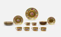Coffee service, Delvaux, Paris, 6 persons, polychrome floral painting decor and rich gilding, six cups, saucers and cake plates, one serving platter, each marked underneath "Delvaux, 18 rue royale, Paris", signs of use