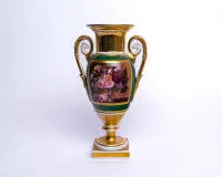 Vase, Empire style, possibly France, 19th c., unmarked, amphora shape, handles with griffin heads, green ground and gilding, colored reserve with flower basket, 30.8 cm high, gilding rubbed