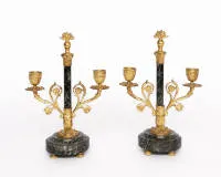 Pair of candlesticks / candelabra, Empire, circa 1800, marble base slightly chipped, each with two small holes, approx. 27 x 18 cm