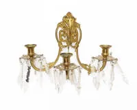 Wall applique / wall candelabra, Historicism, 2nd half 19th c., partly gilded, three-armed with glass pendants, 22 x 28 cm