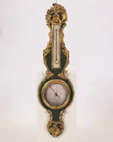 Baromètre mural avec thermomètre, Louis XV, France, 18e s., bois, polychromie or et turquoise, 97 cm