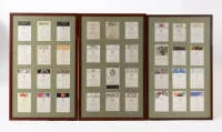 Special wine labels from Château Mouton Rothschild, three frames with a total of 36 wine labels, labels were glued on, each 80 x 50 cm, u.G.g.