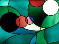 Leaded glass window, 20th c., polychrome, 61.5 x 76 cm, converted for hanging on a chain, partial cracks in the glass.