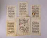 Antiphonary, six individual leaves on parchment, five probably from the same book, writing area approx. 46 x 27.5 cm (61 x 40.5 cm BM), with bounding lines, paginated; furthermore a larger leaf, writing area approx. 56 x 38 cm (73 x 53.5 cm BM);...