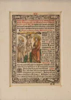 Book, double page, Koberger, Anton (c. 1440 Nuremberg - 1513 Nuremberg), two-colour printing of the text; coloured woodcut with a crucifixion group on the front; framed on both sides, PA (front, under glass) 14 x 9.5 cm; (back, under...