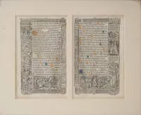 Buch, zwei Doppelseiten, (frühes 16. Jahrhundert); lateinischer Text aus einem historischen Stundenbuch (Vigilien und Psalmen); vereinzelt mit handgemalten Initialen verziert; Ränder zeigen reiche, figürliche Holz-/Metallschnitte der Zeit; umlaufende,...