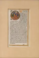 Buch, Doppelseite, handkolorierte Doppelseite, frühes 16. Jahrhundert; Buchseite aus einem lateinischen Stundengebet oder einer Bibel; Vorderseite: lateinischer Text mit der Verkündigung an Maria durch den Erzengel Gabriel (dieser dargestellt mittels...