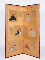 Paravent à deux panneaux, Japon, fin de l'époque Meiji vers 1900, couleurs et impressions sur papier, 171 x 134 cm, fortement restauré