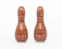 Pair of small Kutani porcelain bottle vases, Japan, Meiji period, late 19th century, iron-red overglaze enamel decor with fine gold accents on white ground; dense ornament of cartouches, brocade patterns, lotus leaf friezes, stylized clouds and...