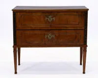 Classicist commode, South German or Austrian, circa 1780, walnut and walnut burl veneer, ebonized inlays and brass stringing, straight two-drawer body on tapered square legs, drawer fronts framed with brass stringing...