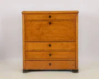 Biedermeier secretary, Sweden, 1st half 19th c., birch veneer, rectangular body with fall front and four drawers, interior with 14 drawers around central compartment, this painted with two elegant ladies, ebonized escutcheons, 119 x...