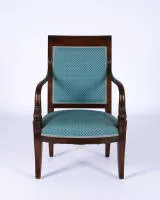 Fauteuil à accoudoirs de style Empire, 2e moitié 20e s., acajou, accoudoirs avec dauphins sculptés, H. 95 cm, traces d'usure
