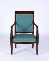 Armstoel in empirestijl, 2e helft 20e eeuw, mahonie, armleuningen met gesneden dolfijnen, h. 95 cm, gebruikssporen