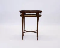 Louis XVI style display table / gueridon, probably France, 2nd half 19th c., oval glazed case on all sides, curved and braced legs, hinged lockable top, ornamental marquetry, 75.5 x 60.5 x 42 cm