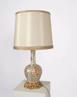 Table lamp, Italy, 20th c., brass, porcelain, vase-shaped shaft with red and gold floral decoration, two-light, electrified, light shade, approx. 77 cm high