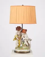 Salon lamp, "Child couple with bird's nest", 20th c., polychrome porcelain group mounted as lamp, two-light, electrified, fabric shade, 68 cm high, hairline cracks