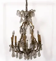 Baroque prism chandelier, 19th/20th c., three-branched frame with rich glass pendants, electrified, h. approx. 80 cm, ø approx. 50 cm, function and electrification untested