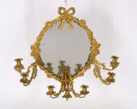 Wall mirror Louis XV style, 19th c., fire-gilt bronze, richly decorated frame with three removable candle arms, approx. 70 x 55 cm