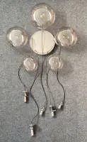 Design hanglamp, "Cascade Chandelier", Glashütte Limburg, jaren 1960/1970, vijf hangende afgeplatte bollen van mondgeblazen rookglas met chromen montage, aan plafondkap, vijf-lichts, geëlektrificeerd, ca. 165 cm hoog, elektra ongecontroleerd