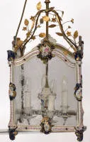 Porcelain hanging lamp, square shape, painted Sèvres porcelain frame, glass with floral decoration, brass ornaments, four-light, 63 x 31 x 31 cm