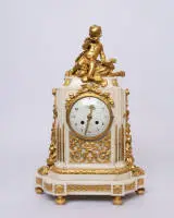 Pendule figurine "l’Amour vainqeur du Temps", Louis XVI, Paris, vers 1780, sign. "Leblond a Paris", boîtier en marbre avec riches applications dorées, Amour couronnant avec télescope, cadran émaillé avec signature et chiffres arabes...