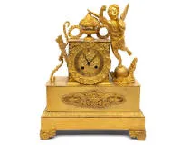 Figural clock "Cupid", Empire, France, circa 1825, gilt brass, winged Cupid, fruit basket, monogrammed movement