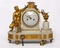 Pendlovky "Satyr", Ludvík XVI, Francie, kolem 1780, sign. "Grebert a Paris", bílý mramor, zlacený bronz, satyr, amfora