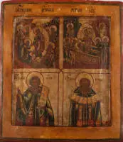 Icône à quatre champs, Russie, 19e siècle, tempera sur bois, fond argenté, en haut à gauche la Descente du Christ aux enfers, en haut à droite la Dormition de la Mère de Dieu, en bas à gauche saint Serge de Radonège, en bas à droite saint Cyrille de Beloozero, 31...