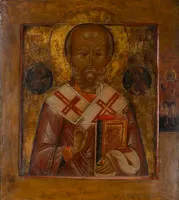 Ikone, "Heiliger Nikolaus", Russland, um 1800, am Bildrand rechts Longinus, Tempera auf Holz, Goldgrund, 31 x 28 cm