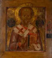 Icône, "Saint Nicolas", Russie, vers 1800, au bord droit Longin, tempera sur bois, fond doré, 31 x 28 cm
