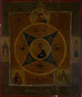 Icône, "L'Œil omniscient de Dieu", Russie, 19e siècle, tempera sur bois, 35,5 x 29 cm, en haut au centre Vierge de Kazan, en bas à gauche Fedorowskaja, en bas à droite Joie de tous les affligés, sur le bord gauche Théodora, à droite Panteleimon, fissures.