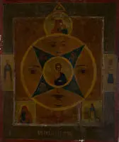 Icône, "L'Œil omniscient de Dieu", Russie, 19e siècle, tempera sur bois, 35,5 x 29 cm, en haut au centre Vierge de Kazan, en bas à gauche Fedorowskaja, en bas à droite Joie de tous les affligés, sur le bord gauche Théodora, à droite Panteleimon, fissures.