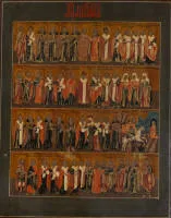 Icône, "Icône calendrier du mois d'avril", Russie, 19e siècle, tous les saints et fêtes du mois d'avril, commençant en haut à gauche par Marie d'Égypte, tempera sur bois, 31,5 x 26,5 cm