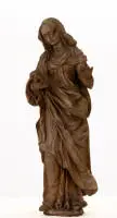 Sculpteur sud-allemand, 2e moitié XVIIe s., "Sainte Anne", probablement d'une représentation "Anne enseignant à lire à Marie", bois de tilleul, debout en geste d'enseignement, livre comme attribut, sans polychromie, env. 100 cm haut, léger ancien vermoulure, légères...