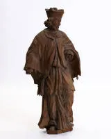 St. Nepomuk, probably German, early 20th c., wood, carved in three-quarter relief, 117 cm high, hands missing, various losses